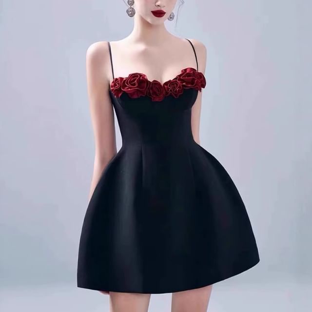 Spaghetti Strap Plain Flower Detail Mini A-Line Dress