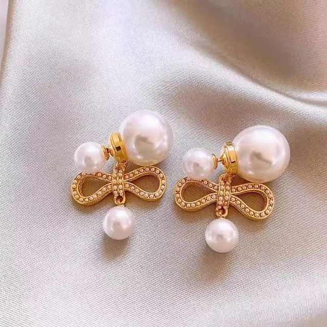 Pearl Bow Drop Alloy Earring Faux