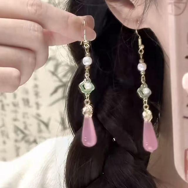 Gemstone Alloy Pearl Dangle Earring Faux