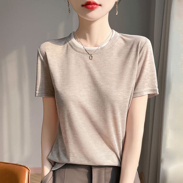 Short-Sleeve Crewneck Plain Knit Top