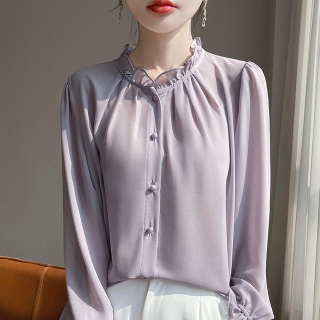 Long-Sleeve Frill Trim Plain Shirt