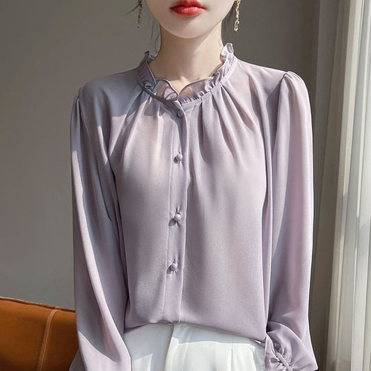 Long-Sleeve Frill Trim Plain Shirt