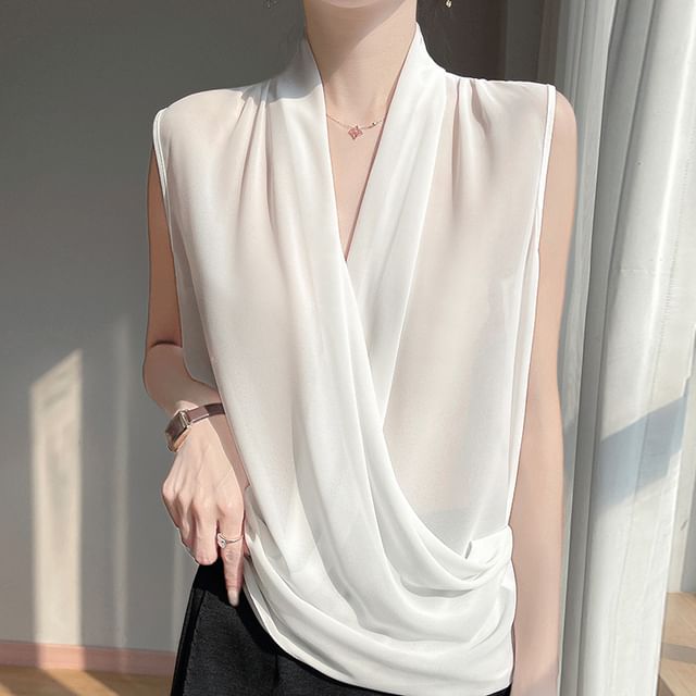 Sleeveless V-Neck Sheer Plain Top