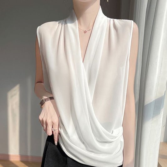 Sleeveless V-Neck Sheer Plain Top