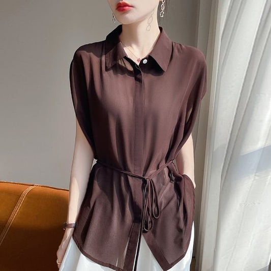 Short-Sleeve Tie Waist Plain Shirt