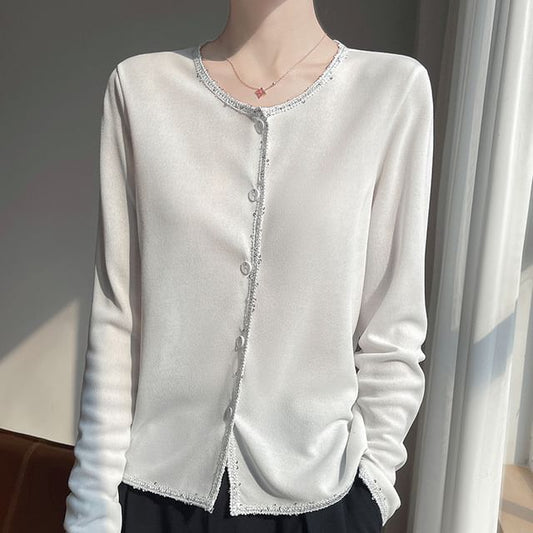 Crewneck Button-Up Plain Cardigan