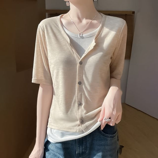 Mock Two-Piece Short-Sleeve Button-Up Two Tone Top