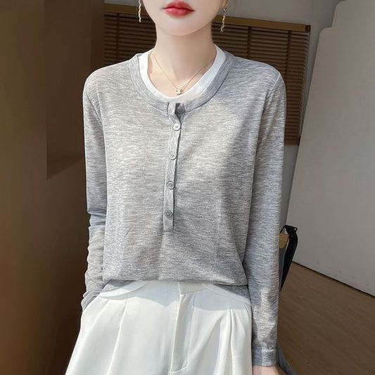 Mock Two-Piece Long-Sleeve Half Buttoned Plain Top