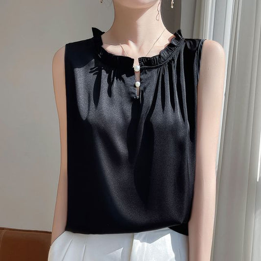 Sleeveless Frill Trim Plain Top