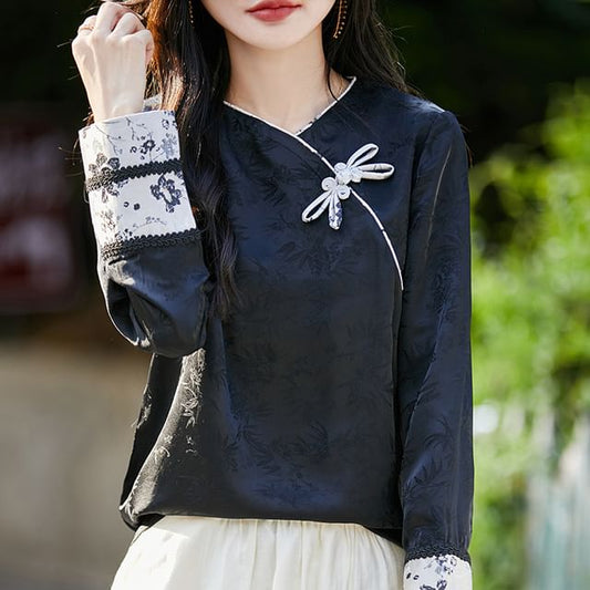 Long-Sleeve Frog Buttoned Asymmetrical Top