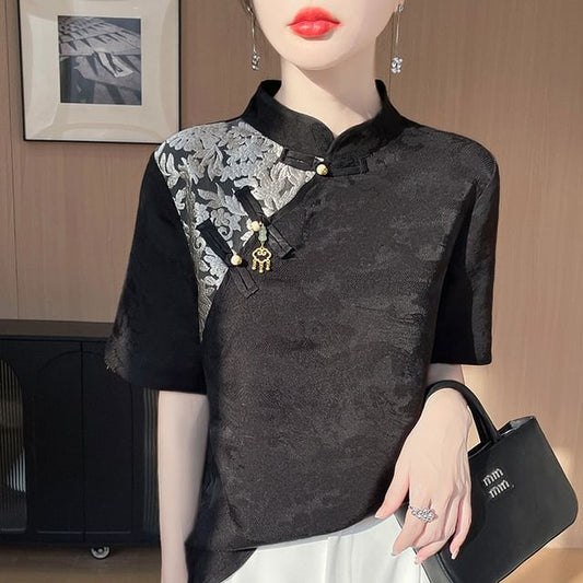 Elbow-Sleeve Stand Collar Frog Buttoned Top