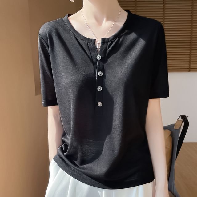 Short-Sleeve Half Buttoned Plain T-Shirt