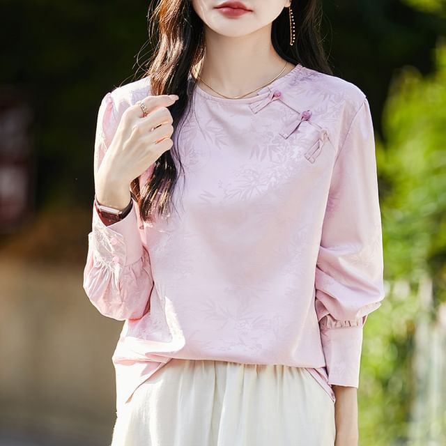 Puff-Sleeve Crewneck Frog Buttoned Blouse