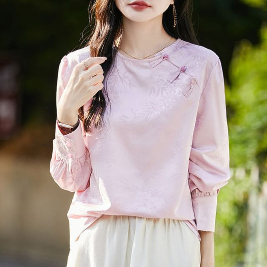 Puff-Sleeve Crewneck Frog Buttoned Blouse