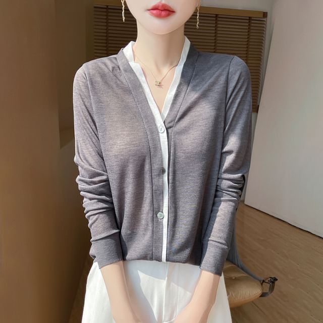 Mock Two-Piece Two Tone Button-Up Cardigan