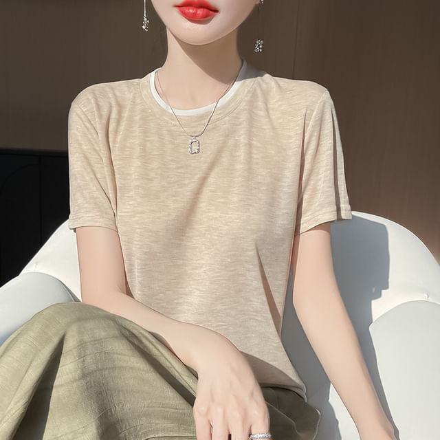 Short-Sleeve Crewneck Plain Knit Top