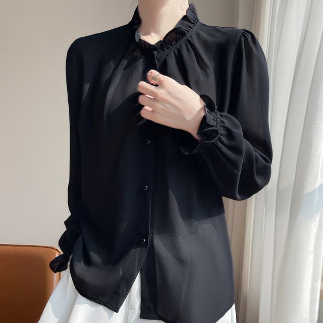 Long-Sleeve Frill Trim Plain Shirt