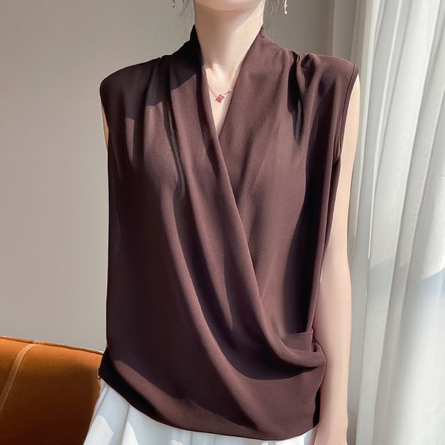 Sleeveless V-Neck Sheer Plain Top