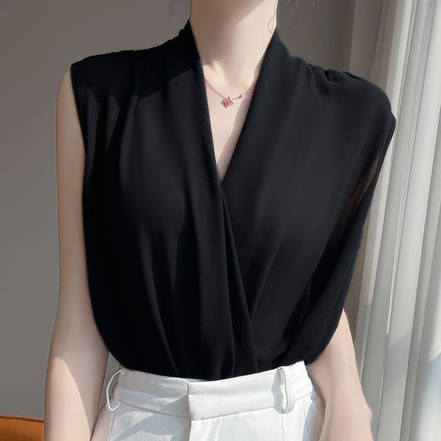 Sleeveless V-Neck Sheer Plain Top