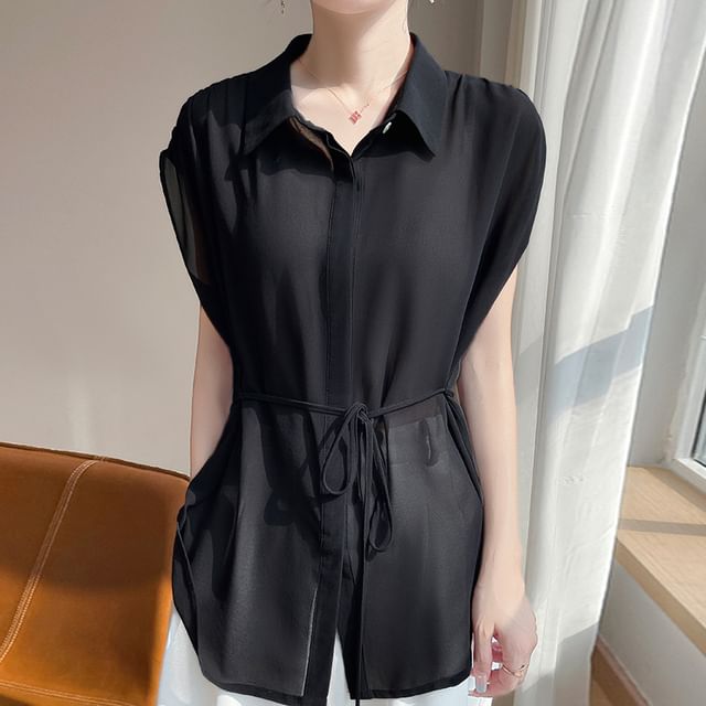 Short-Sleeve Tie Waist Plain Shirt