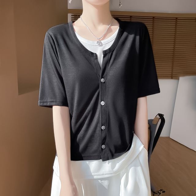 Mock Two-Piece Short-Sleeve Button-Up Two Tone Top