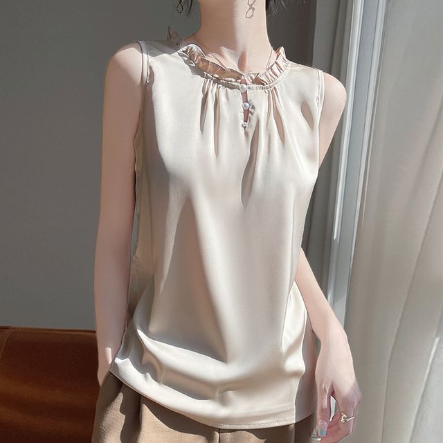 Sleeveless Frill Trim Plain Top