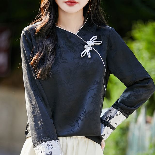 Long-Sleeve Frog Buttoned Asymmetrical Top