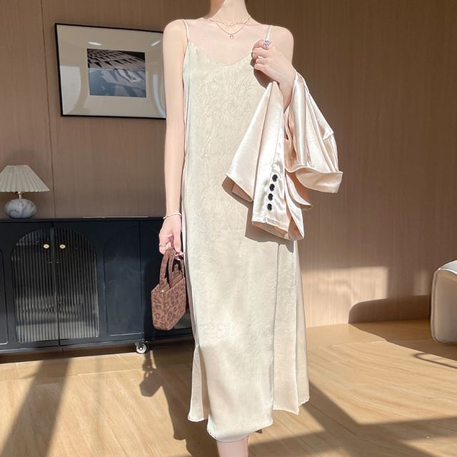 Spaghetti Strap V-Neck Midi A-Line Dress