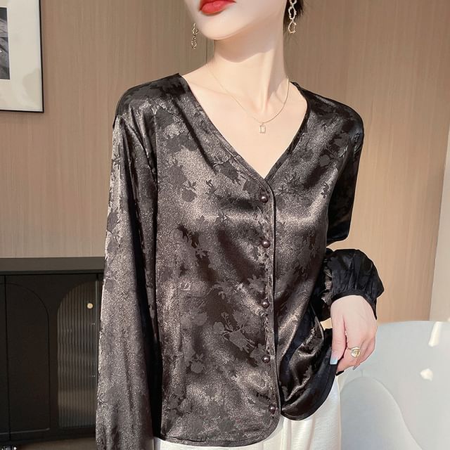 V-Neck Satin Button-Up Jacket