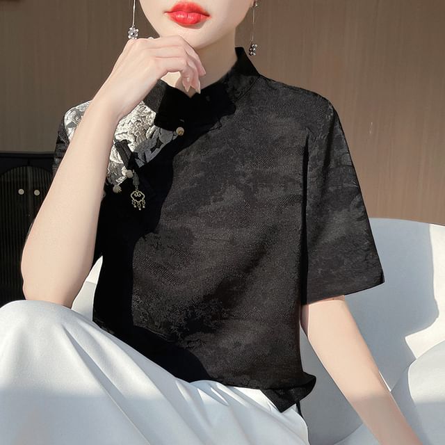 Elbow-Sleeve Stand Collar Frog Buttoned Top