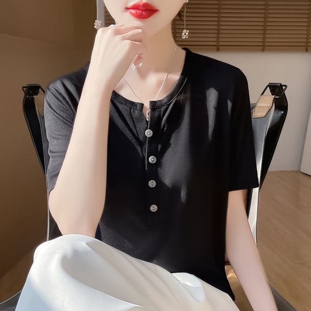 Short-Sleeve Half Buttoned Plain T-Shirt