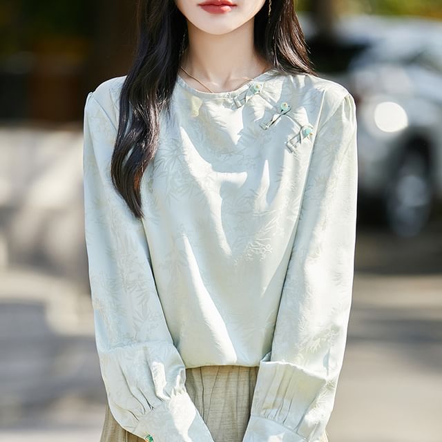 Puff-Sleeve Crewneck Frog Buttoned Blouse