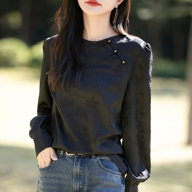 Puff-Sleeve Crewneck Frog Buttoned Blouse
