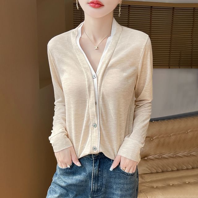 Mock Two-Piece Two Tone Button-Up Cardigan
