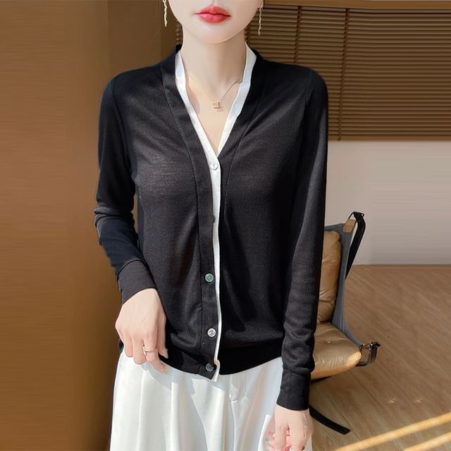 Mock Two-Piece Two Tone Button-Up Cardigan