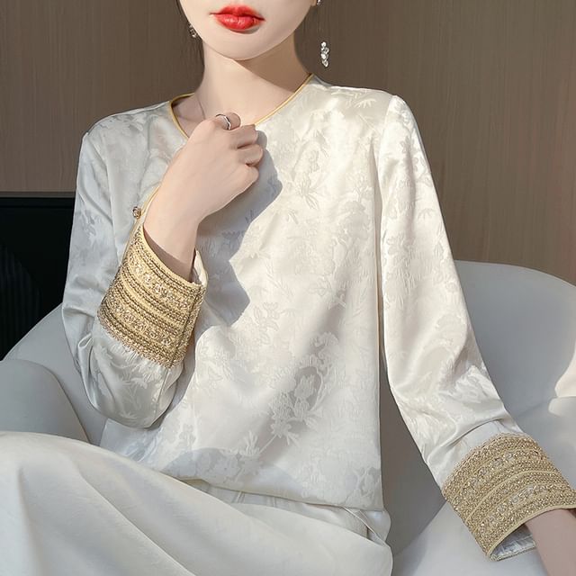 Traditional Chinese Long-Sleeve Asymmetrical Print Top