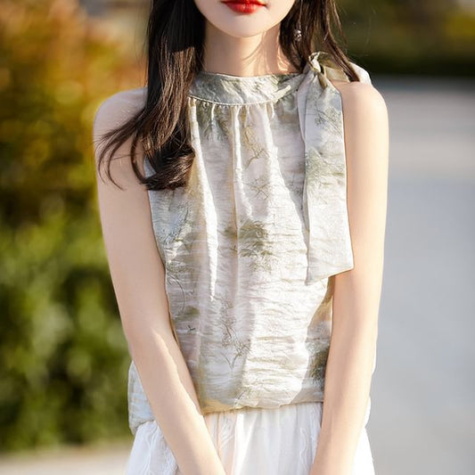 Halter Neck Floral Print Satin Blouse