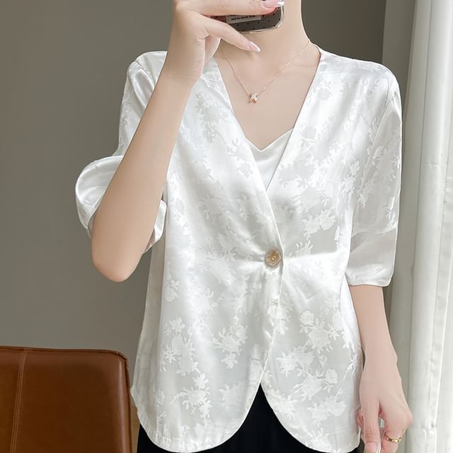 Elbow-Sleeve V-Neck Floral Jacquard One-Buttoned Satin Jacket