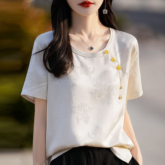 Short-Sleeve Round Neck Floral Jacquard Fringed Satin T-Shirt