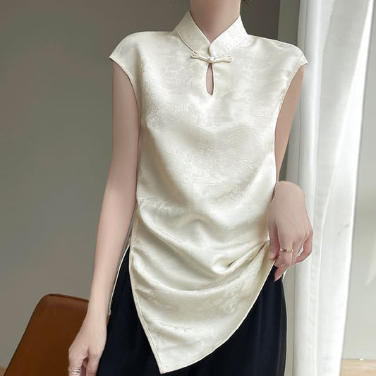 Cap-Sleeve Stand Collar Floral Jacquard Asymmetrical Slit Satin Blouse