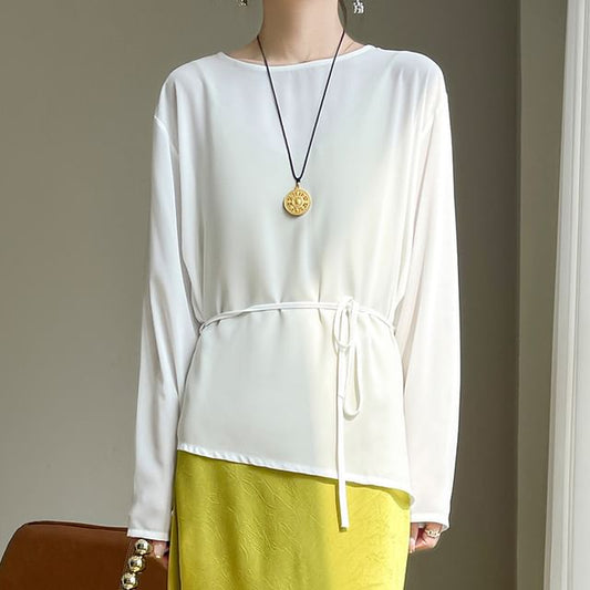 Set: Long-Sleeve Round Neck Plain Asymmetrical Tee + String Belt