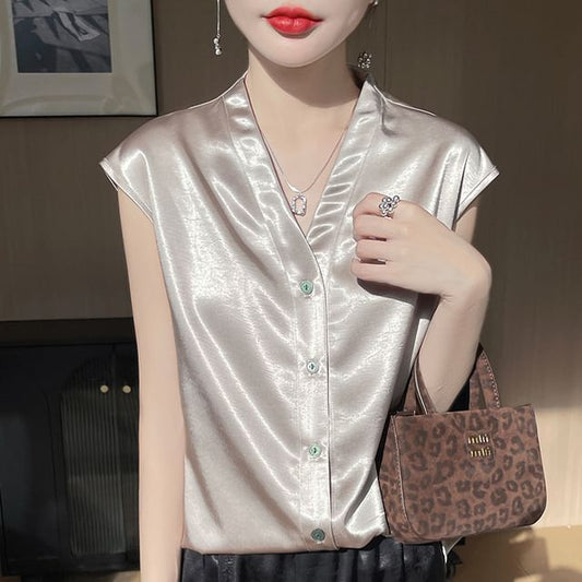 Cap-Sleeve V-Neck Button-Up Plain Satin Blouse