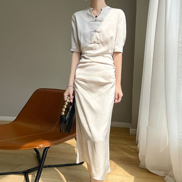 Elbow-Sleeve Stand Collar Plain Frog Buttoned Satin Midi Sheath Dress
