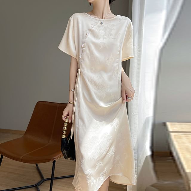 Elbow-Sleeve Crew Neck Floral Jacquard Satin Midi A-Line Dress