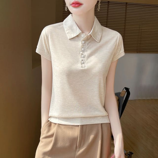 Short-Sleeve Collared Plain Sheer T-Shirt