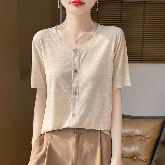 Short-Sleeve Crew Neck Button-Up Plain Cardigan