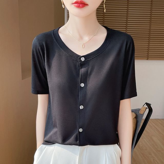 Short-Sleeve Crew Neck Button-Up Plain Cardigan