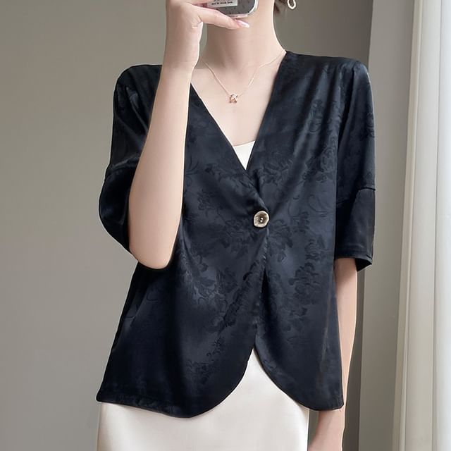 Elbow-Sleeve V-Neck Floral Jacquard One-Buttoned Satin Jacket