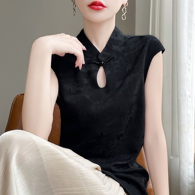 Cap-Sleeve Stand Collar Floral Jacquard Asymmetrical Slit Satin Blouse