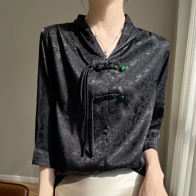 3/4-Sleeve V-Neck Floral Jacquard Frog Buttoned Satin Blouse